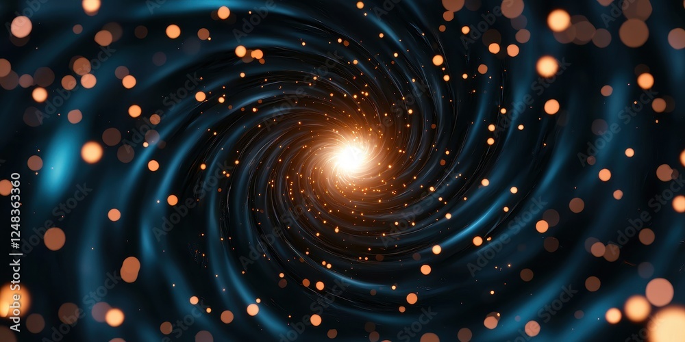Poster a swirling cosmic vortex filled with luminous particles and deep blue hues, evoking the mysteries of