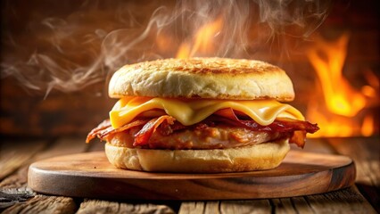 A savory breakfast sandwich featuring a juicy patty, crispy bacon, melted cheese, and a toasted English muffin, steaming hot and presented on a rustic wooden board, near a warm fire