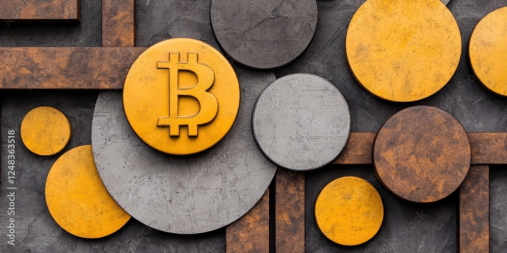 Poster A stylized representation of Bitcoin, featuring a vibrant golden coin against a backdrop of textured circles and geometric shapes.
