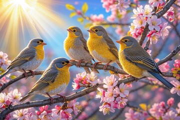 Fototapeta premium Cheerful Birds Singing on Blooming Branches in Bright Spring Sunshine