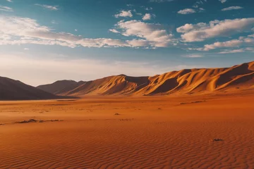 Selbstklebende Fototapeten Desert landscape at sunrise, orange sand dunes, dramatic sky © shafiyyah