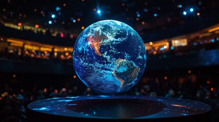 A glowing 3D model of Earth floating in space inside a planetarium, with colorful lighting effects creating a cosmic atmosphere