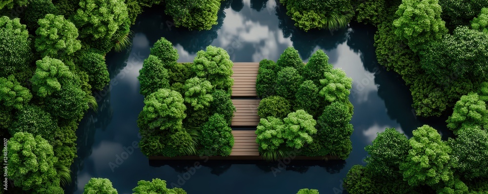 Poster a serene aerial view of a wooden pathway surrounded by lush green trees, reflecting in tranquil wate