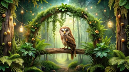 Obraz premium Enchanted Forest Owl Sanctuary A Mystical Woodland Path Adorned with Luminescent Lanterns and Lush Greenery, Featuring a Serene Owl