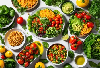 vibrant flat lay various plant based dishes showcasing fresh eye catching artistic presentation clean background, vegan, vegetarian, cuisine, food