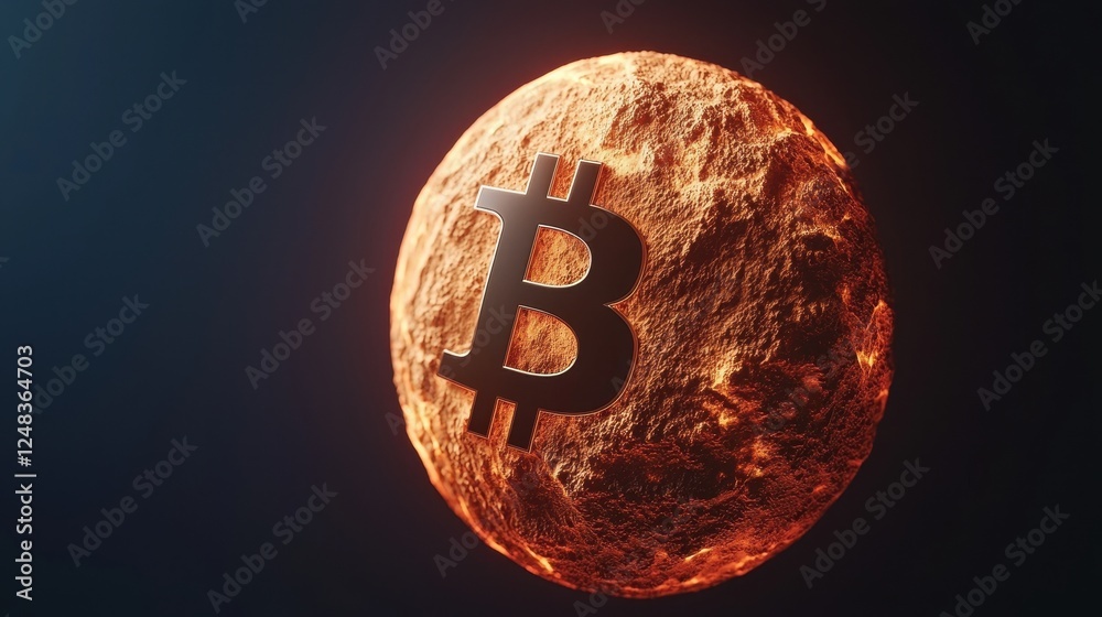 Poster a glowing bitcoin symbol is prominently displayed on a textured, fiery planet-like surface, suggesti
