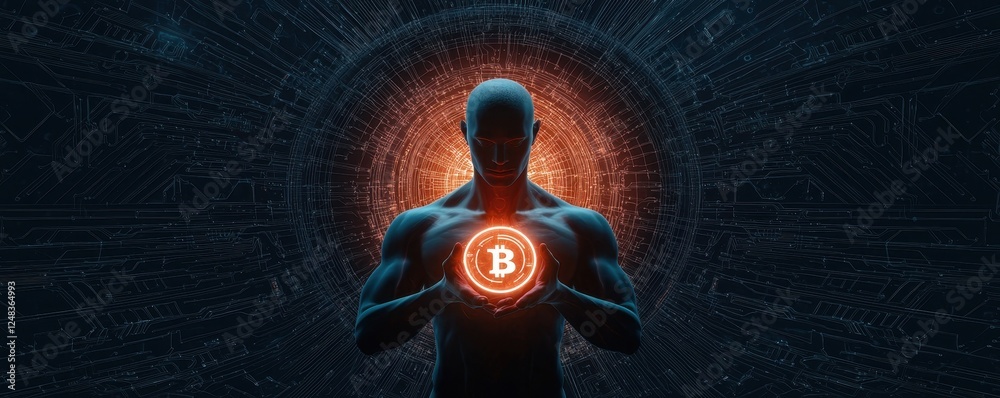 Poster a silhouetted figure holds a glowing bitcoin symbol, surrounded by a digital network, symbolizing th