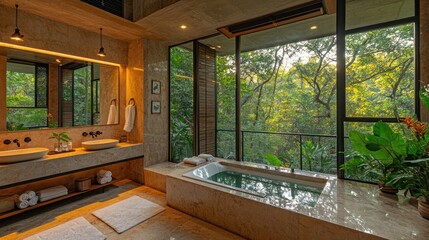 Fototapeta premium Luxurious jungle bathroom, morning light