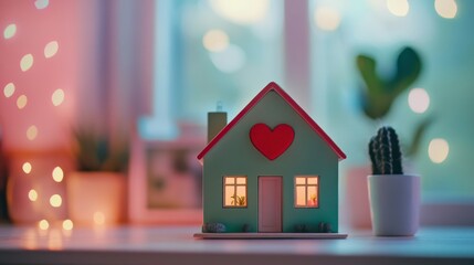 Valentineâ€™s Day Background, A green energy-efficient house model with a small red heart on the roof, placed on a desk with a blurred architectural design studio backdrop and soft pink bokeh
