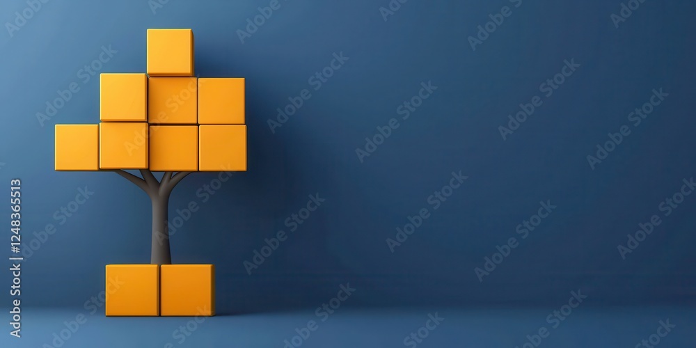 Poster a stylized tree made of orange blocks stands against a blue background, merging nature with modern d