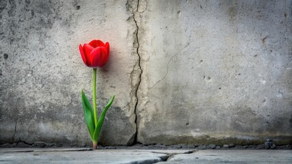 A vibrant red tulip bravely pushing through a crack in a weathered concrete wall, symbolizing resilience and the beauty of life amidst hardship.