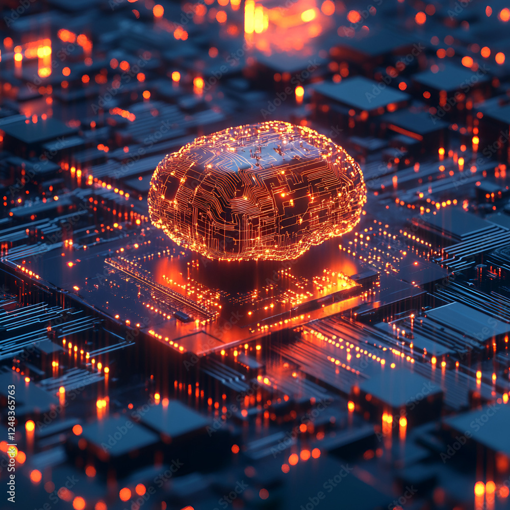 Poster illuminated brain circuitry: a striking digital rendering of a glowing brain hovering above intricat