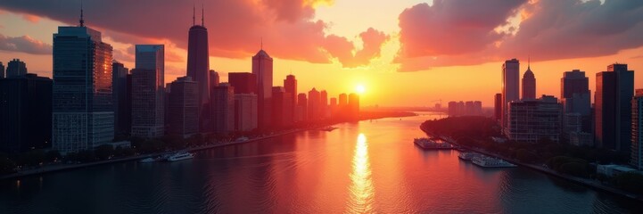 Obraz premium Sun sets on Midtown, buildings mirrored in the Hudson , Manhattan, cityscape, USA