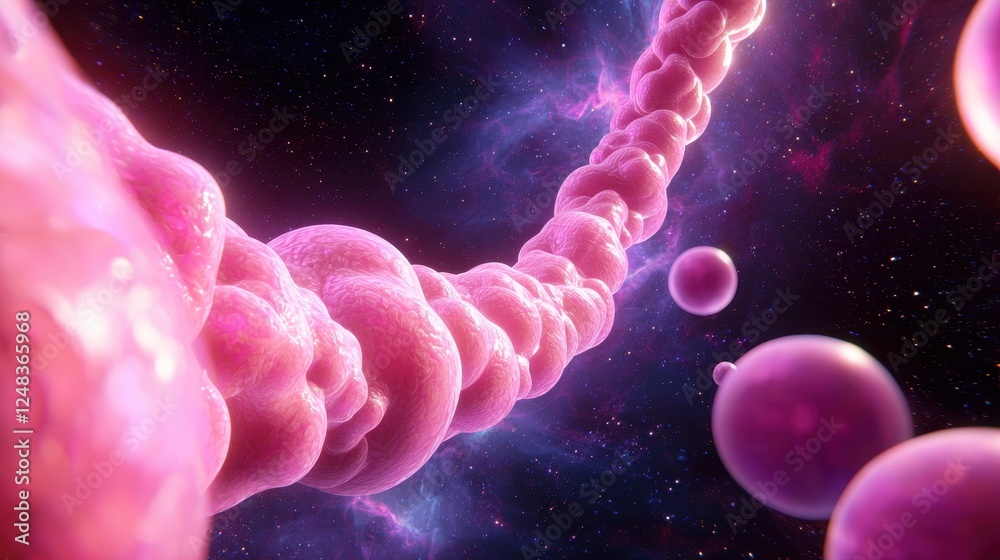 Poster a vibrant, cosmic scene featuring pink, spherical shapes connected by a twisting strand, evoking a s