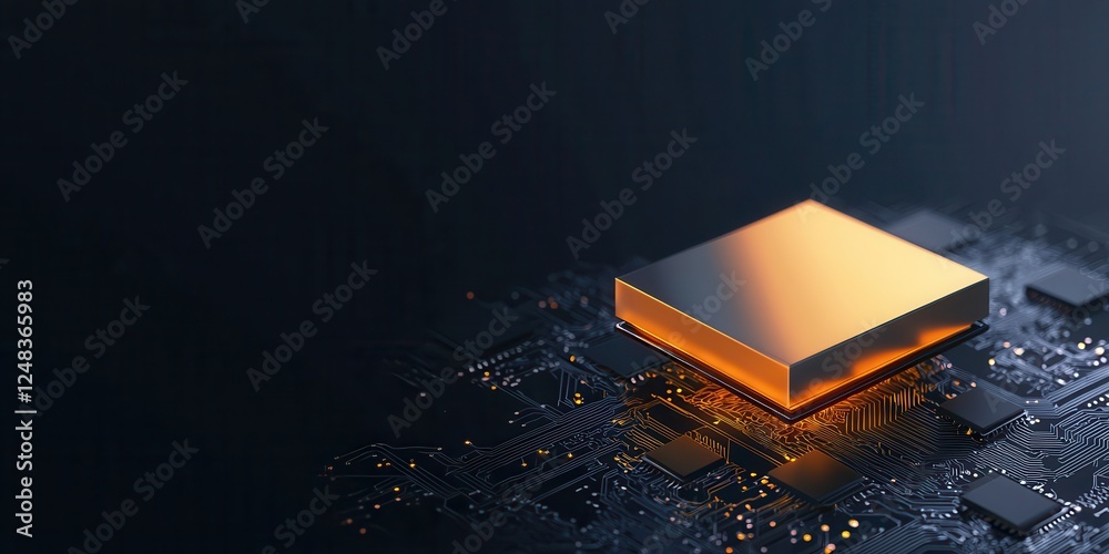 Poster A sleek, illuminated processor chip sits atop a dark circuit board, showcasing advanced technology and intricate design.