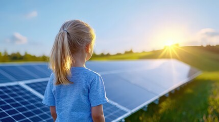 Fototapeta premium Young girl standing in front of a solar panel showcasing renewable energy and environmental awareness