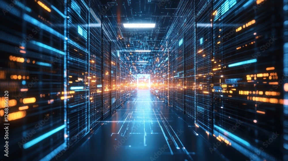 Poster digital data corridor illuminating technological advancement