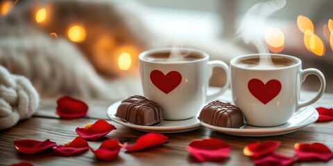 Valentine's themed pair of coffee mugs with heart-shaped steam, placed on matching saucers with two heart-shaped chocolates, surrounded by soft rose petals, set against a chic, cinematic living room