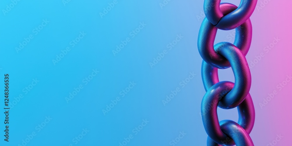 Poster a vibrant close-up of a metallic chain against a gradient blue and pink background, highlighting the