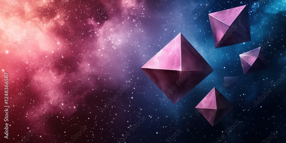Aufkleber a vibrant cosmic scene featuring floating pink pyramids set against a starry space background in sha