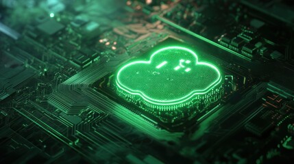 3D render of a glowing green cloud icon on a digital chip, representing data transfer and online storage concepts.