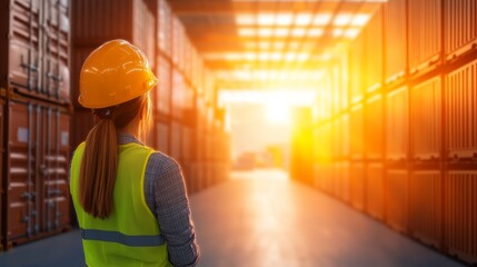 Woman in yellow safety vest and hard hat inspects server equipment in a data center