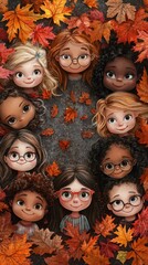 Children circle autumn leaves, cheerful faces, autumnal background,  illustration