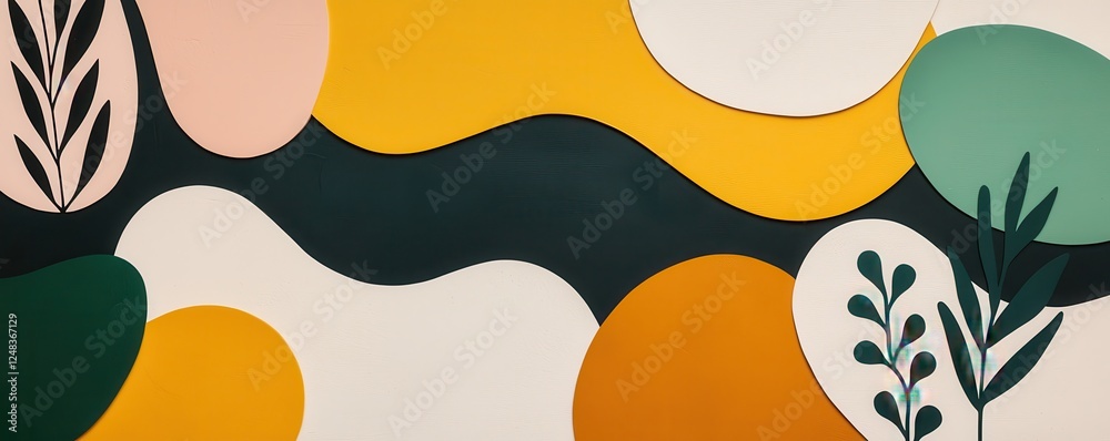 Poster A vibrant abstract design featuring colorful shapes and botanical elements, creating a modern artistic composition.