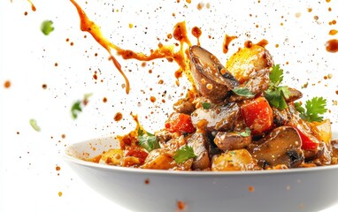 A spicy mushroom curry dish with vibrant sauce droplets suspended in motion clean white background