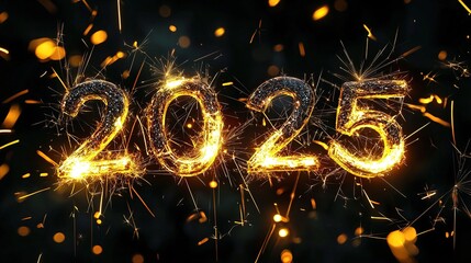  "2025" written with sparklers on a black background, creating a dazzling display of light, symbolizing the celebration of the New Year and the excitement of new beginnings.
