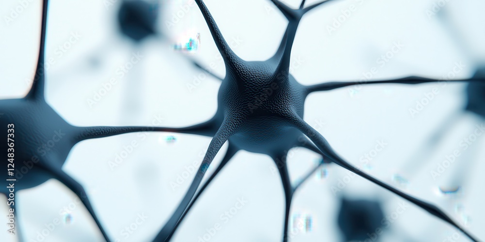 Poster A close-up view of neurons showcasing their intricate structure and connections in a blue-toned environment.