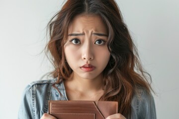 Asian woman in office holding empty wallet, looking distressed, white background