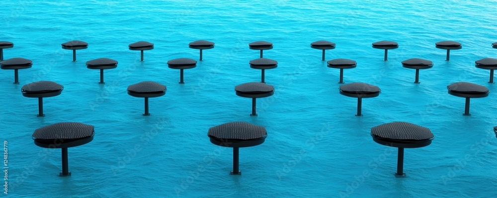 Poster A serene arrangement of circular platforms standing above tranquil blue water, creating a visually striking pattern.