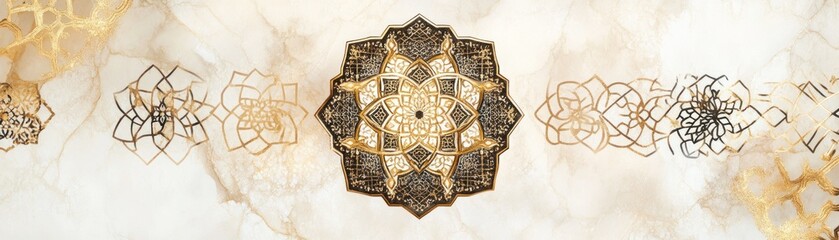 Intricate Gold and Black Mandala Design on Beige Background