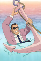 Obraz premium Anime-style illustration of a businessman in pink suit and sunglasses emerging from water, triumphantly holding a large key symbol