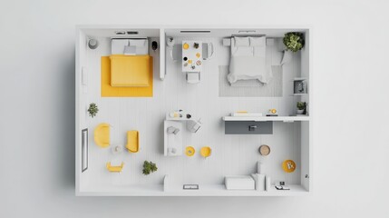3D rendering of a top-down interior design layout plan in a white color scheme, featuring furniture and home decor on an isolated background