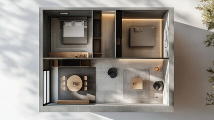 3D rendering of a top-view, flat-lay grey-color interior design plan with a living room, dining table, and bedroom inside a box frame on an isolated background.