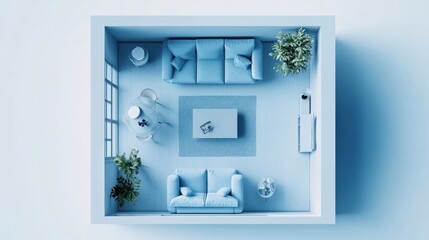 3D rendering of a top-view interior design plan in blue color with furniture and decor.