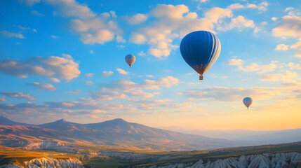 Fototapeta premium Serene sky filled with blue balloons floating upwards during daytime 3d render illustration. 3D Illustration