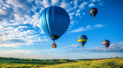 Obraz premium Serene sky filled with blue balloons floating upwards during daytime 3d render illustration. 3D Illustration