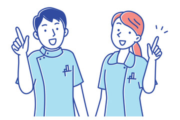 指差ししてアドバイスする若い看護師の男女のイラスト