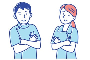 腕組みしてこちらを見る自信に溢れた看護師の男女のイラスト