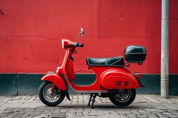 Classic Red Scooter Leaning Against Vibrant Urban Red Wall