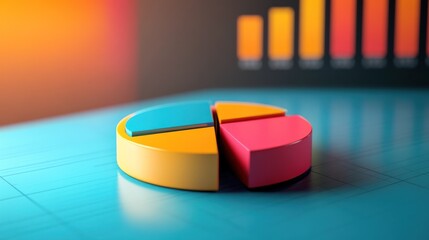 3D pie chart with bar graph background showing data analysis and market share.