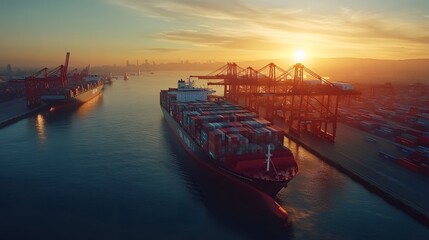 Obraz premium Aerial sunset view of cargo ships at port of los angeles