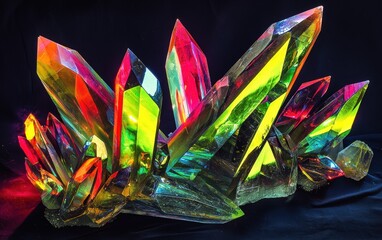 Exploding crystal shards in neon colors with glowing reflections