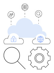 Cloud with multimedia, search, user, lock, and globe icons connected. Gear and magnifying glass below. Ideal for tech, security, networking data sharing research IT abstract line flat metaphor