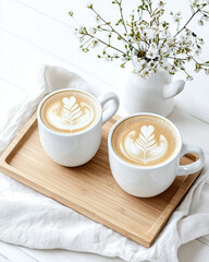 Warm coffee cups with latte art on wooden tray, surrounded by flowers