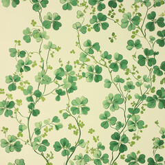 A light green background adorned with scattered small clover leaves, creating a soft and cheerful pattern