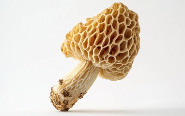 A unique morel mushroom floating mid air with intricate honeycomb texture clean white background